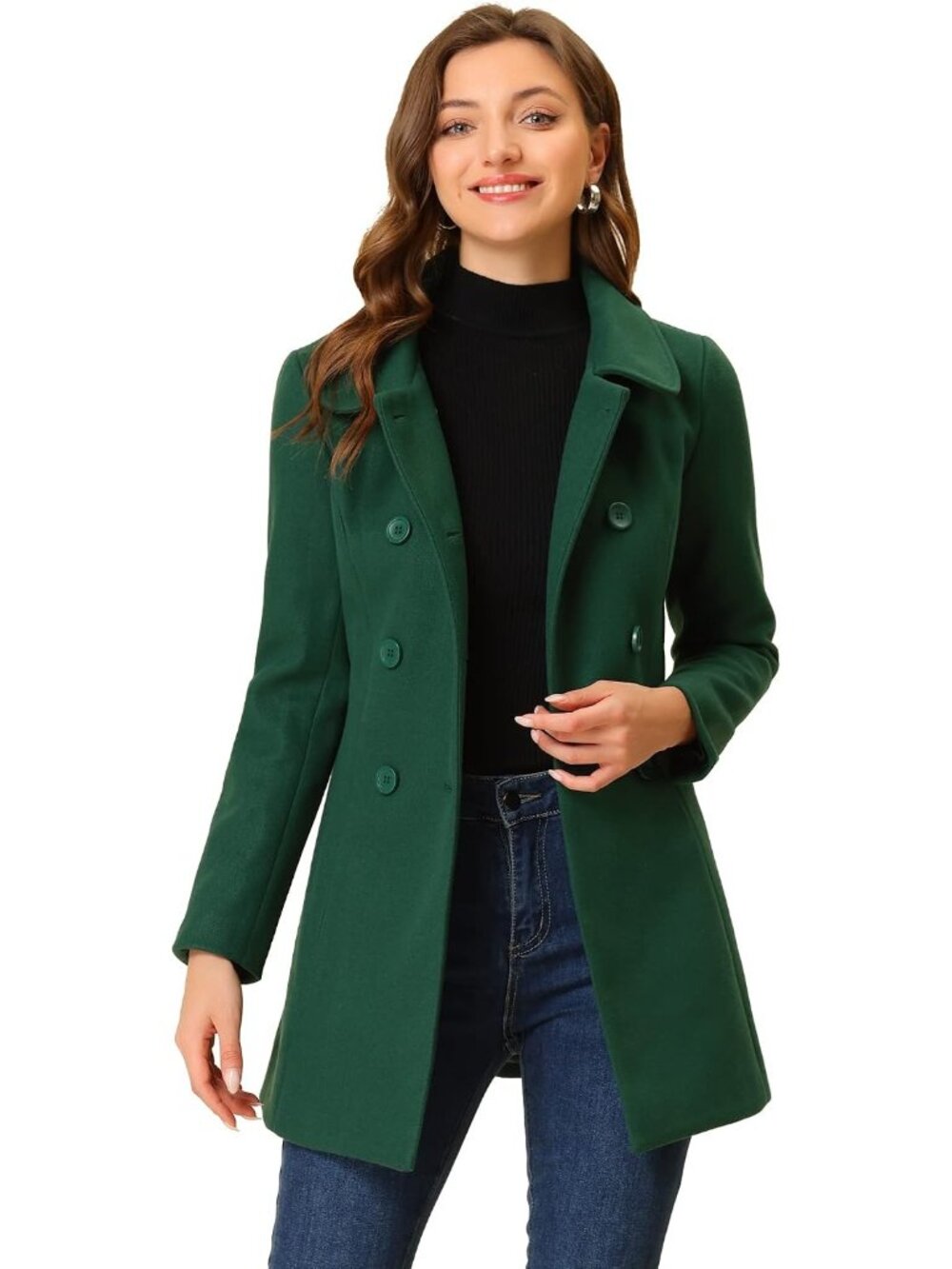 Women's Olive Fully lined Peter Pan Collar Double Breasted Long Trench Pea Coat